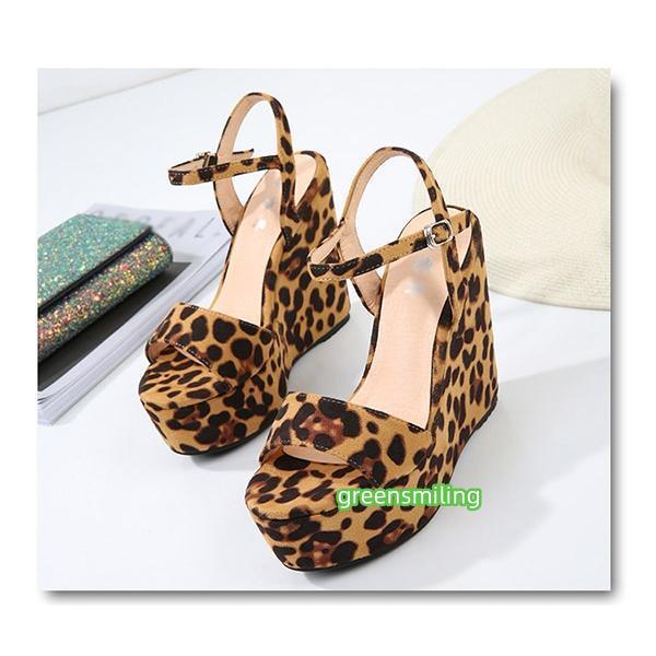 サンダル ヒョウ柄サンダル ウェッジソール 厚底 ヒール10cm/12cm 美脚