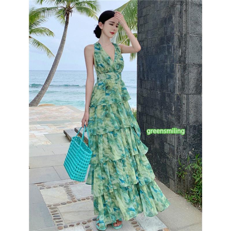 ワンピース レディース シフォン リゾート ロング シフォン Aライン ハワイ 沖縄 旅行用の画像