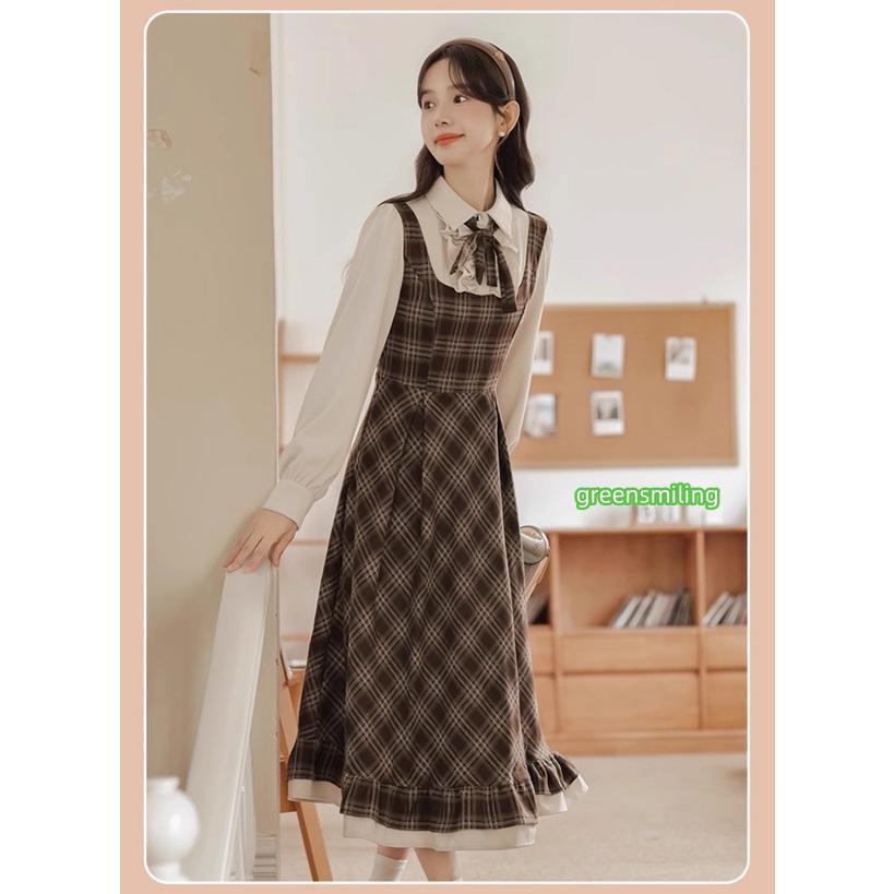 ワンピース チェック柄 レディース ロリータワンピース ミモレ丈 冬