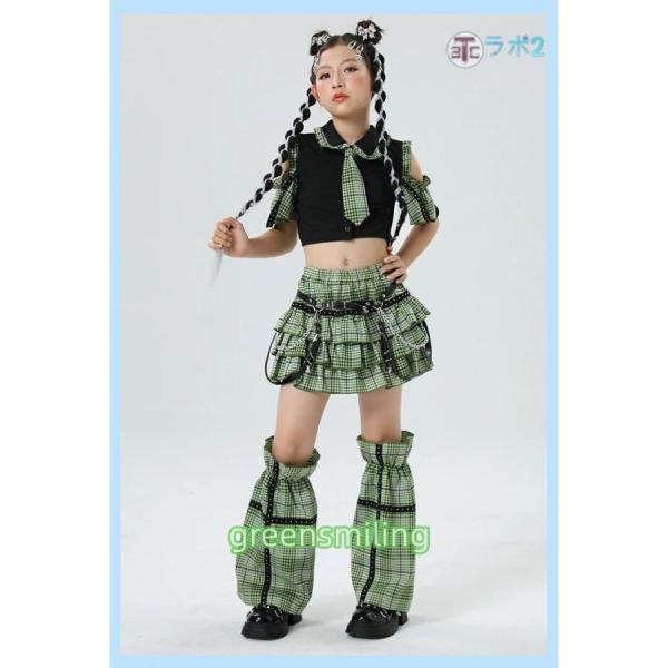 チェック 柄 キッズ ダンス衣装 セットアップ へそ出し 緑 スカート