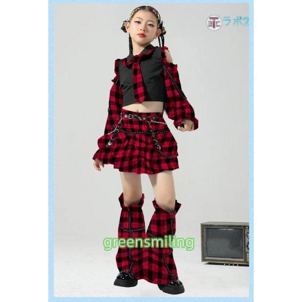 【美品 社交ダンス衣装】上下セット トップス スカート 黒 赤 水色 かわいい チェック柄 キッズダンス衣装 セットアップ 青 赤 へそ出し スカート k