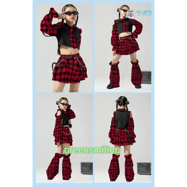チェック柄 キッズダンス衣装 セットアップ 青 赤 へそ出し スカート k
