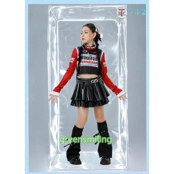カッコイイ 女の子 個性 キッズダンス ダンス衣装 子供服 スポーツ風 ラグラン袖 ブラック レッド 長袖 へそ出し ワインレッド フェイクレザー カーゴパンツ ス