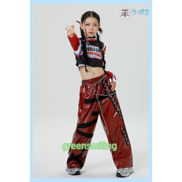 カッコイイ 女の子 個性 キッズダンス ダンス衣装 子供服 スポーツ風 ラグラン袖 ブラック レッド 長袖 へそ出し ワインレッド フェイクレザー カーゴパンツ ス