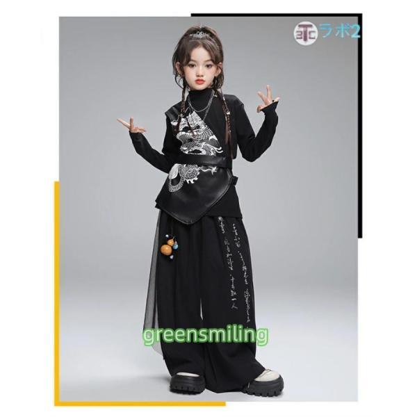 中華風 キッズダンス衣装 黒 ヒップホップ ベスト 龍 トップス 長袖 白 黒 ズボン ロングパンツ 竜 子供 男の子 女の子 派手 おしゃれ 発表会 衣装 ジュニア 舞_4