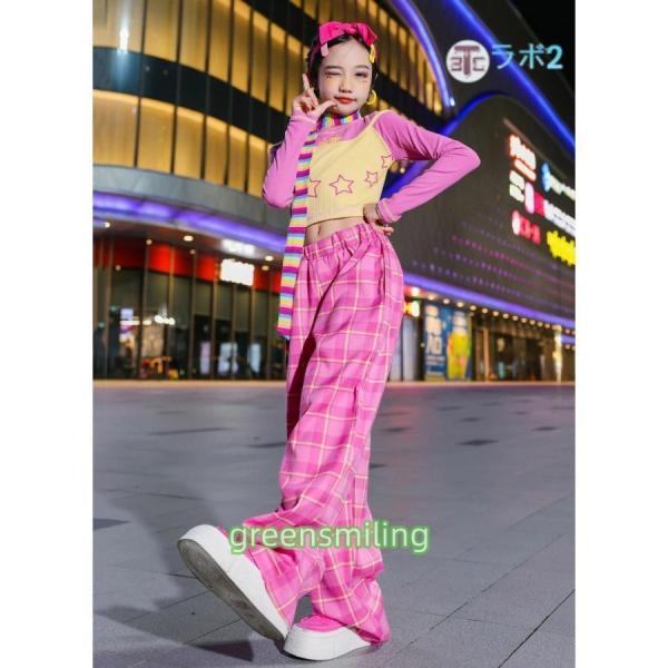 k*o様 ポールダンス　ブラトップ ショートパンツ セット　チェック　ピンク　黒 キッズ ダンス衣装 へそ出し トップス チェック柄 サルエルパンツ