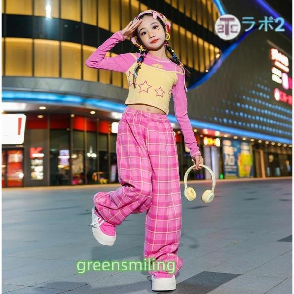 キッズ ダンス衣装 へそ出し トップス チェック柄 サルエルパンツ