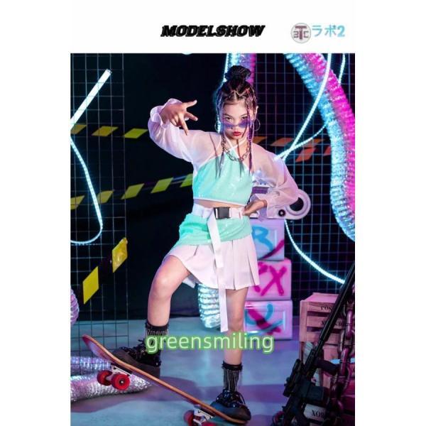 キッズダンス衣装 セットアップ へそ出し キラキラ グリーン スカート