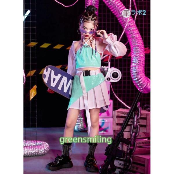 キッズダンス衣装 セットアップ へそ出し キラキラ グリーン スカート