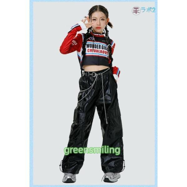 スポーツ風 ラグラン袖 女の子 ダンス衣装 子供服 ブラック レッド 長袖 へそ出し フェイクレザー ワインレッド カーゴパンツ スカート 黒 革 スカート ズボン