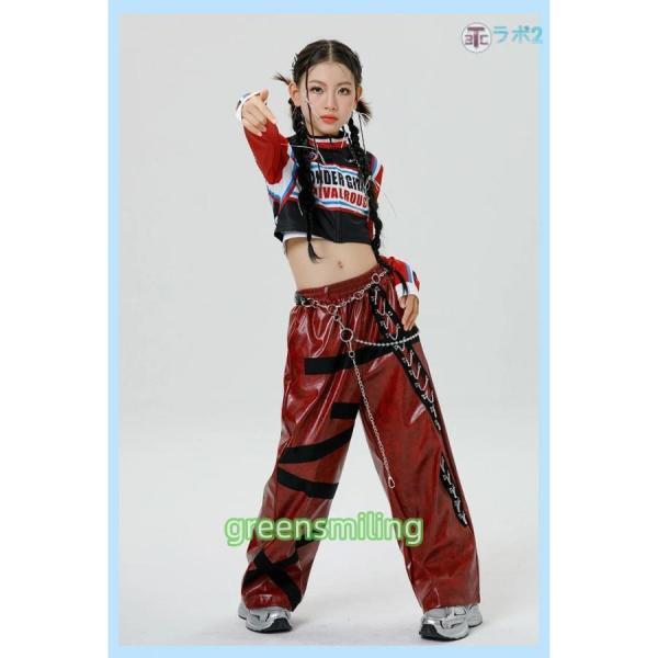 スポーツ風 ラグラン袖 女の子 ダンス衣装 子供服 ブラック レッド 長袖 へそ出し フェイクレザー ワインレッド カーゴパンツ スカート 黒 革 スカート ズボン