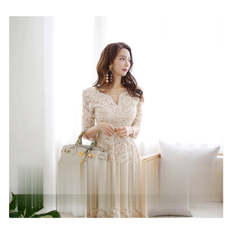 パーティードレス 袖あり 韓国風 結婚式 ドレス レース ワンピース