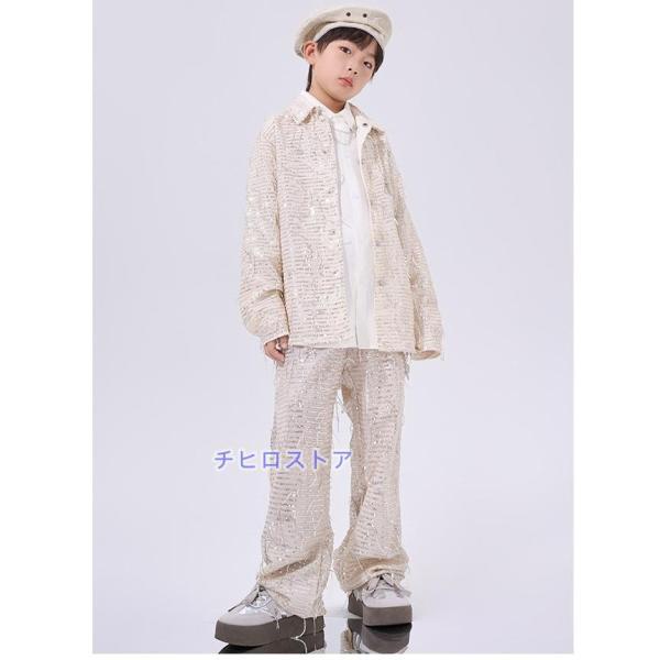 ダンス衣装 セットアップ シャツ パンツ ジャズヒップホップ 派手 キラキラ衣装 キッズ ダンス衣装 子供ダンス服 ダンスウェア 男の子 女の子 アイボリー_4