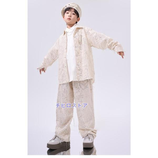 ダンス衣装 セットアップ シャツ パンツ ジャズヒップホップ 派手 キラキラ衣装 キッズ ダンス衣装 子供ダンス服 ダンスウェア 男の子 女の子 アイボリー_5