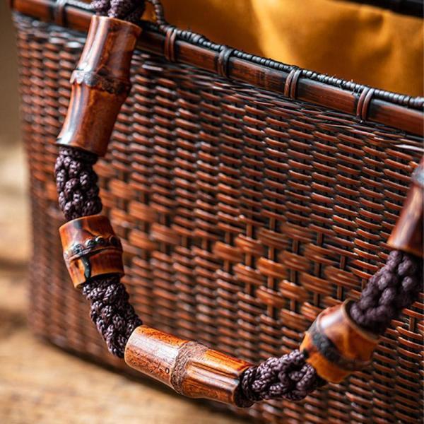 バッグ 職人手作り 自然竹の編み上げ お買物かご かごバック 籐かご 小物入れ 漆器 工芸品 茶道具 丈夫 大容量の画像
