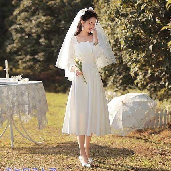 結婚式 ウェディング ミモレ丈 袖付き 二次会 花嫁 ドレス 演奏会 A