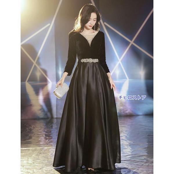 ドレス 大人 ピアノ 発表会 ロング演奏会 結婚式 黒 ワンピース 長袖 パーティードレス イブニングドレス フォーマル_3