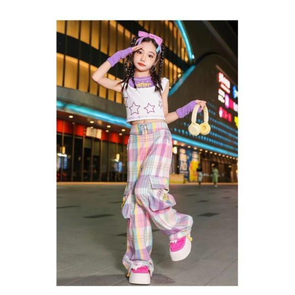 K-POP ダンス衣装 韓国 キッズダンス衣装 ガールズ セットアップ 子供ダンス服 ダンスウェア ダンス衣装 キッズ トップス チェックパンツ 黄緑 紫の画像