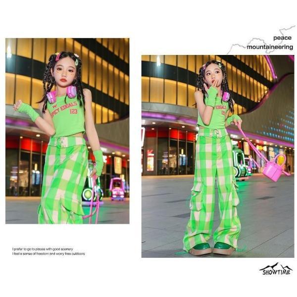 K-POP ダンス衣装 韓国 キッズダンス衣装 ガールズ セットアップ 子供ダンス服 ダンスウェア ダンス衣装 キッズ トップス チェックパンツ 黄緑 紫の画像