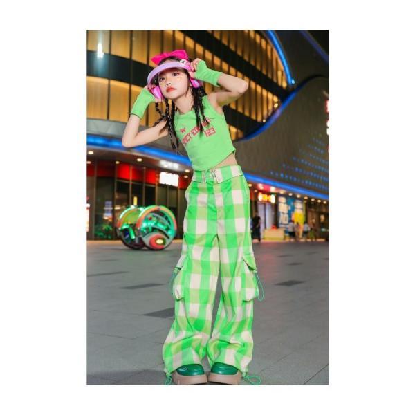 K-POP ダンス衣装 韓国 キッズダンス衣装 ガールズ セットアップ 子供ダンス服 ダンスウェア ダンス衣装 キッズ トップス チェックパンツ 黄緑 紫の画像