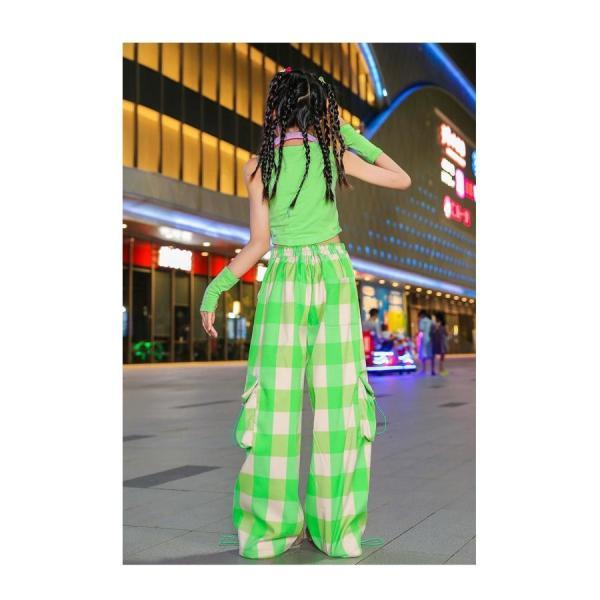 K-POP ダンス衣装 韓国 キッズダンス衣装 ガールズ セットアップ 子供ダンス服 ダンスウェア ダンス衣装 キッズ トップス チェックパンツ 黄緑 紫の画像