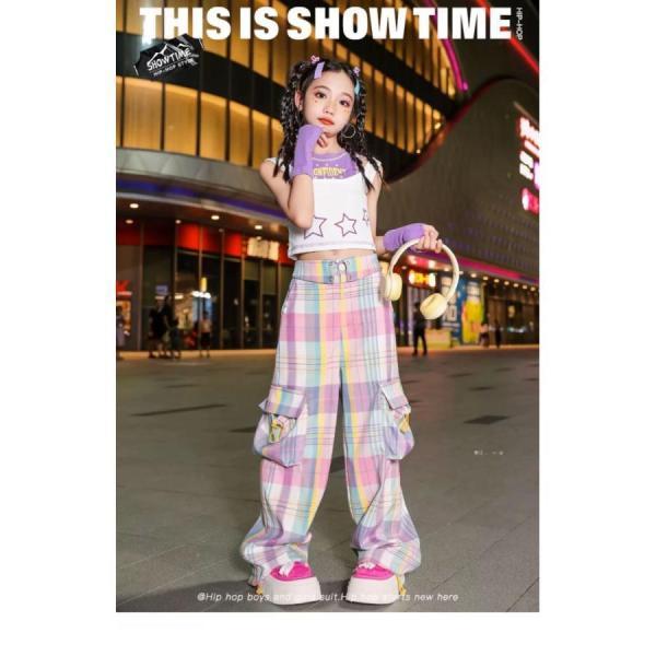 K-POP ダンス衣装 韓国 キッズダンス衣装 ガールズ セットアップ 子供ダンス服 ダンスウェア ダンス衣装 キッズ トップス チェックパンツ 黄緑 紫の画像