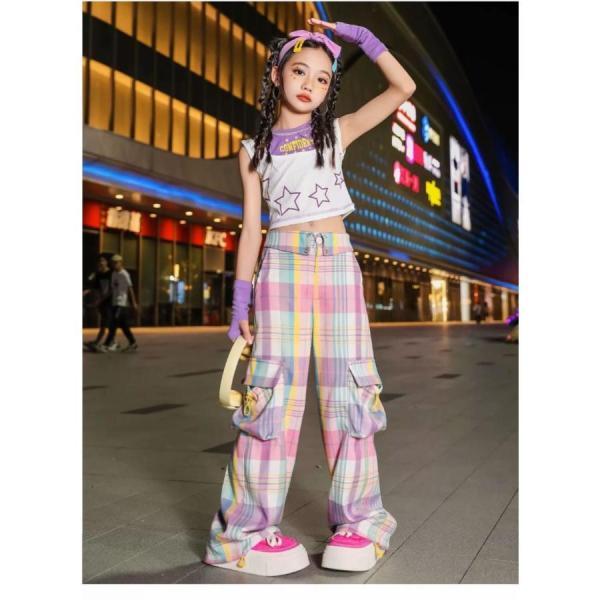 K-POP ダンス衣装 韓国 キッズダンス衣装 ガールズ セットアップ 子供ダンス服 ダンスウェア ダンス衣装 キッズ トップス チェックパンツ 黄緑 紫の画像