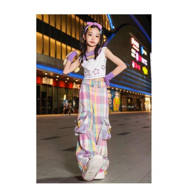 K-POP ダンス衣装 韓国 キッズダンス衣装 ガールズ セットアップ 子供ダンス服 ダンスウェア ダンス衣装 キッズ トップス チェックパンツ 黄緑 紫の画像