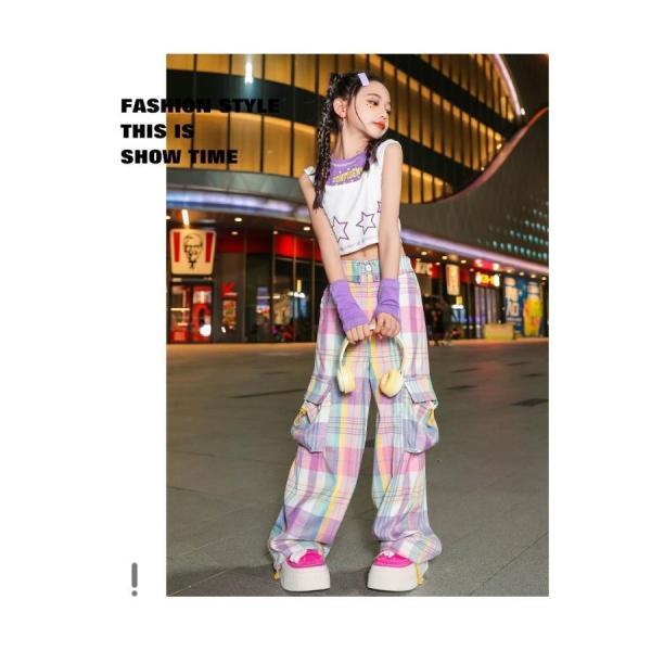 K-POP ダンス衣装 韓国 キッズダンス衣装 ガールズ セットアップ 子供ダンス服 ダンスウェア ダンス衣装 キッズ トップス チェックパンツ 黄緑 紫の画像