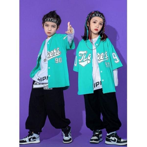ベースボールシャツ ダンス衣装 キッズ ヒップホップ ファッション セットアップ キッズダンス衣装 派手 シャツ ズボン 赤 水色 黒の画像