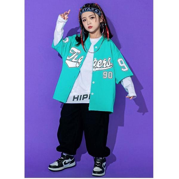 ベースボールシャツ ダンス衣装 キッズ ヒップホップ ファッション セットアップ キッズダンス衣装 派手 シャツ ズボン 赤 水色 黒の画像