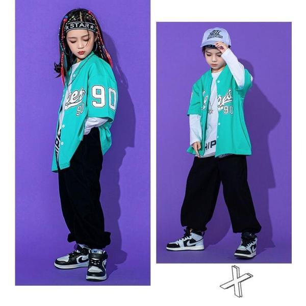 ベースボールシャツ ダンス衣装 キッズ ヒップホップ ファッション セットアップ キッズダンス衣装 派手 シャツ ズボン 赤 水色 黒の画像