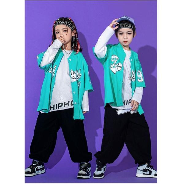 ベースボールシャツ ダンス衣装 キッズ ヒップホップ ファッション セットアップ キッズダンス衣装 派手 シャツ ズボン 赤 水色 黒の画像