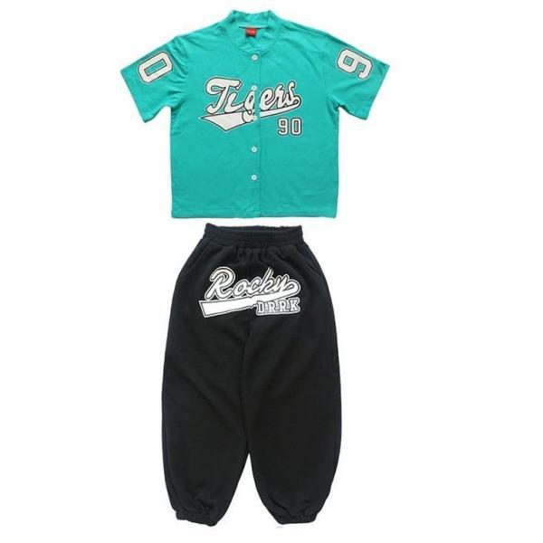ベースボールシャツ ダンス衣装 キッズ ヒップホップ ファッション セットアップ キッズダンス衣装 派手 シャツ ズボン 赤 水色 黒の画像
