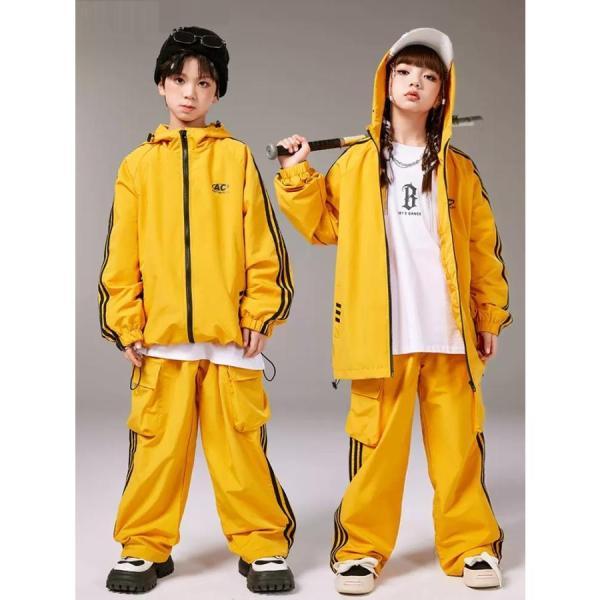 ウィンドブレーカー キッズ ダンス衣装 上下 ジャージ ヒップホップ 衣装 セットアップ  K-POP 韓国 ネイビー 黄色の画像