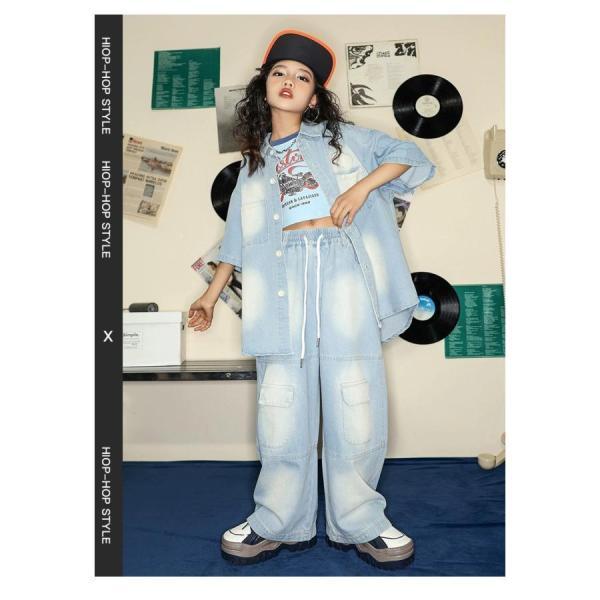 キッズダンス衣装 セットアップ ヒップホップ ダンスファッション ダンス衣装 男の子 ガールズ デニムシャツ デニムパンツ K-POP 韓国の画像