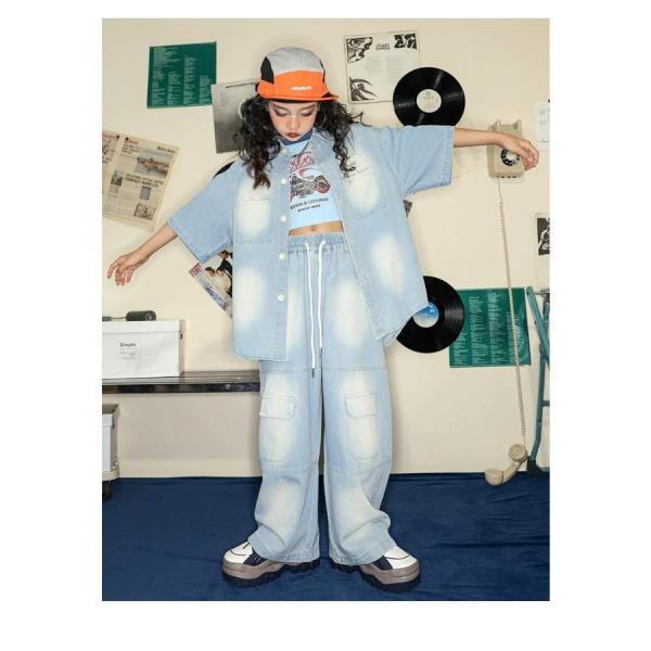 キッズダンス衣装 セットアップ ヒップホップ ダンスファッション ダンス衣装 男の子 ガールズ デニムシャツ デニムパンツ K-POP 韓国の画像