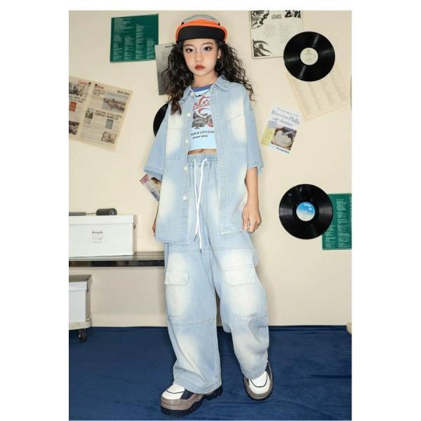 キッズダンス衣装 セットアップ ヒップホップ ダンスファッション ダンス衣装 男の子 ガールズ デニムシャツ デニムパンツ K-POP 韓国の画像