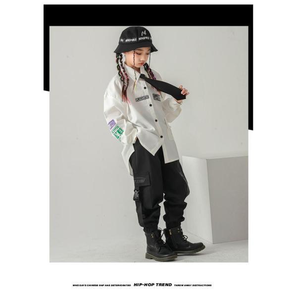 キッズダンス衣装 制服 K-POP 韓国 ヒップホップ ダンス衣装 セットアップ 派手 ガールズ 男の子 シャツ パンツ 白 黒の画像