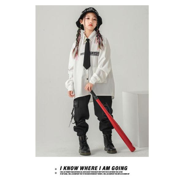 キッズダンス衣装 制服 K-POP 韓国 ヒップホップ ダンス衣装 セットアップ 派手 ガールズ 男の子 シャツ パンツ 白 黒の画像