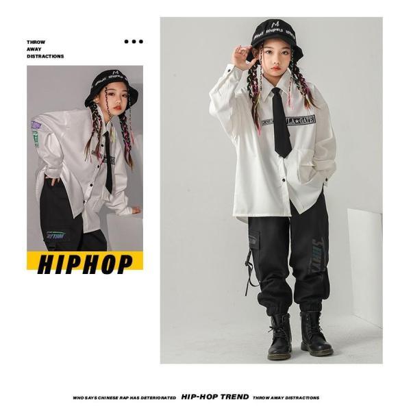 キッズダンス衣装 制服 K-POP 韓国 ヒップホップ ダンス衣装 セットアップ 派手 ガールズ 男の子 シャツ パンツ 白 黒の画像