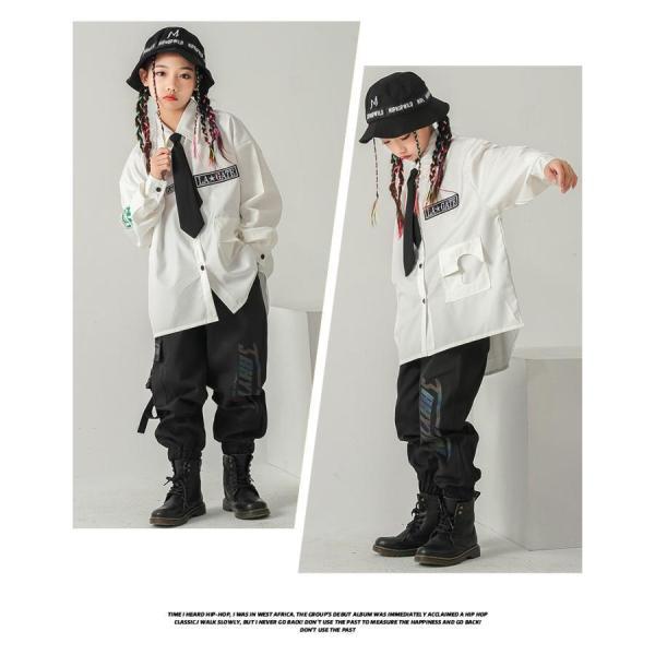 キッズダンス衣装 制服 K-POP 韓国 ヒップホップ ダンス衣装 セットアップ 派手 ガールズ 男の子 シャツ パンツ 白 黒の画像