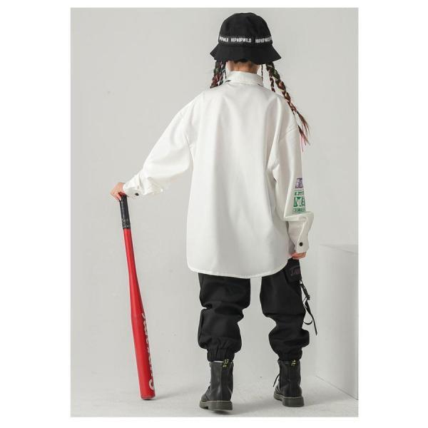 キッズダンス衣装 制服 K-POP 韓国 ヒップホップ ダンス衣装 セットアップ 派手 ガールズ 男の子 シャツ パンツ 白 黒の画像