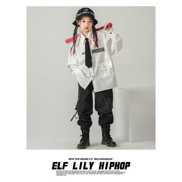 キッズダンス衣装 制服 K-POP 韓国 ヒップホップ ダンス衣装 セットアップ 派手 ガールズ 男の子 シャツ パンツ 白 黒の画像