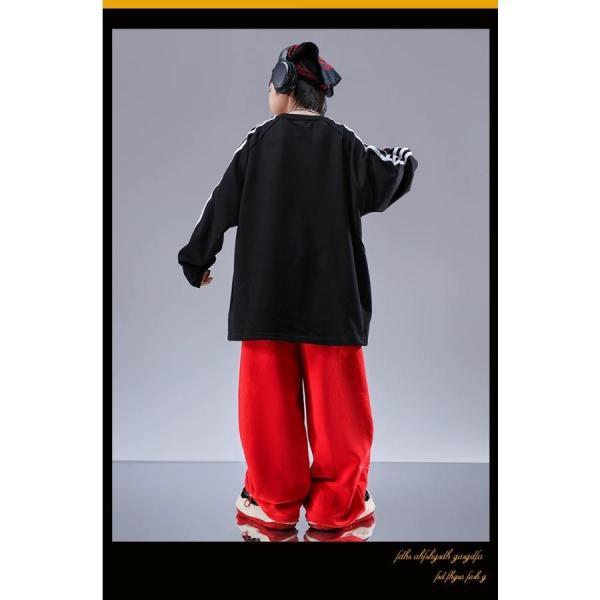 ヒップホップ 衣装 キッズダンス衣装 セットアップ 韓国 子供ダンス服 派手 白 黒 赤 K-POP hiphop 長袖Tシャツ スウェットパンツの画像