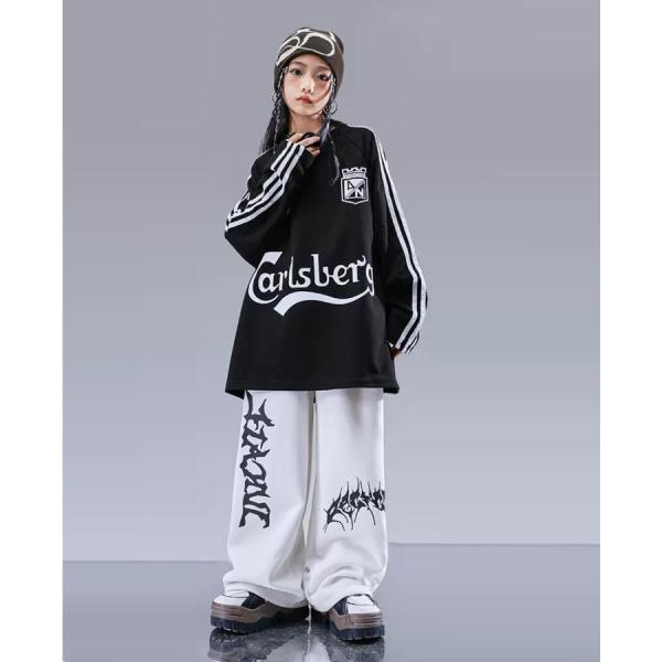 ヒップホップ 衣装 キッズダンス衣装 セットアップ 韓国 子供ダンス服 派手 白 黒 赤 K-POP hiphop 長袖Tシャツ スウェットパンツの画像