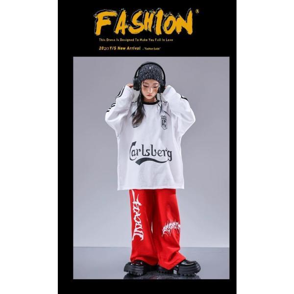 ヒップホップ 衣装 キッズダンス衣装 セットアップ 韓国 子供ダンス服 派手 白 黒 赤 K-POP hiphop 長袖Tシャツ スウェットパンツの画像