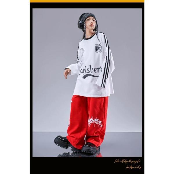 ヒップホップ 衣装 キッズダンス衣装 セットアップ 韓国 子供ダンス服 派手 白 黒 赤 K-POP hiphop 長袖Tシャツ スウェットパンツの画像