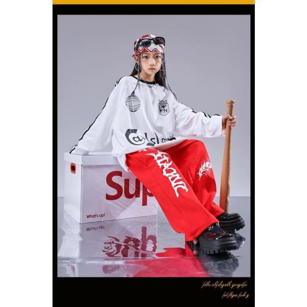 ヒップホップ 衣装 キッズダンス衣装 セットアップ 韓国 子供ダンス服 派手 白 黒 赤 K-POP hiphop 長袖Tシャツ スウェットパンツの画像