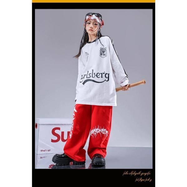 ヒップホップ 衣装 キッズダンス衣装 セットアップ 韓国 子供ダンス服 派手 白 黒 赤 K-POP hiphop 長袖Tシャツ スウェットパンツの画像
